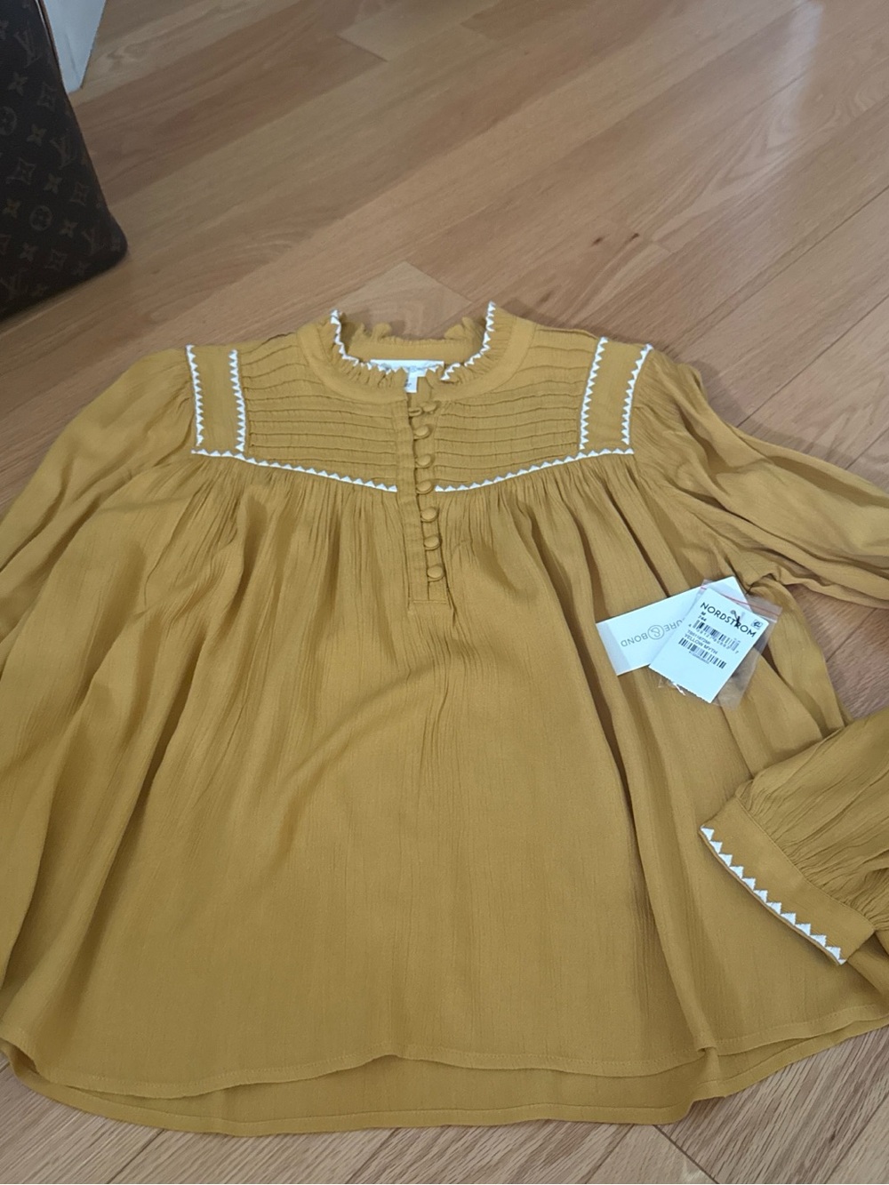 Nordstrom Mustard Yellow Peasant Blouse with White Trim
